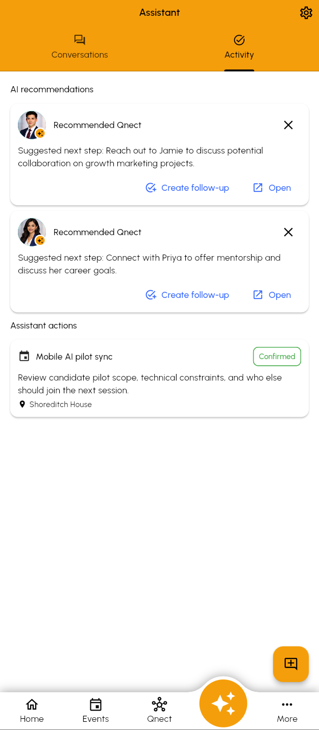 NetQnect Assistant screen showing recommendations and assistant actions