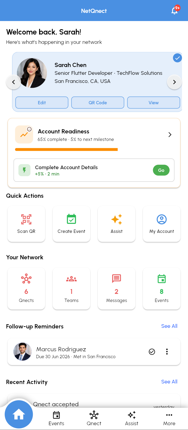 NetQnect home screen with active profile card and account readiness